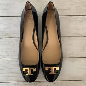 Tory Burch Gigi Low Block Heels in Black Patent Leather EUC